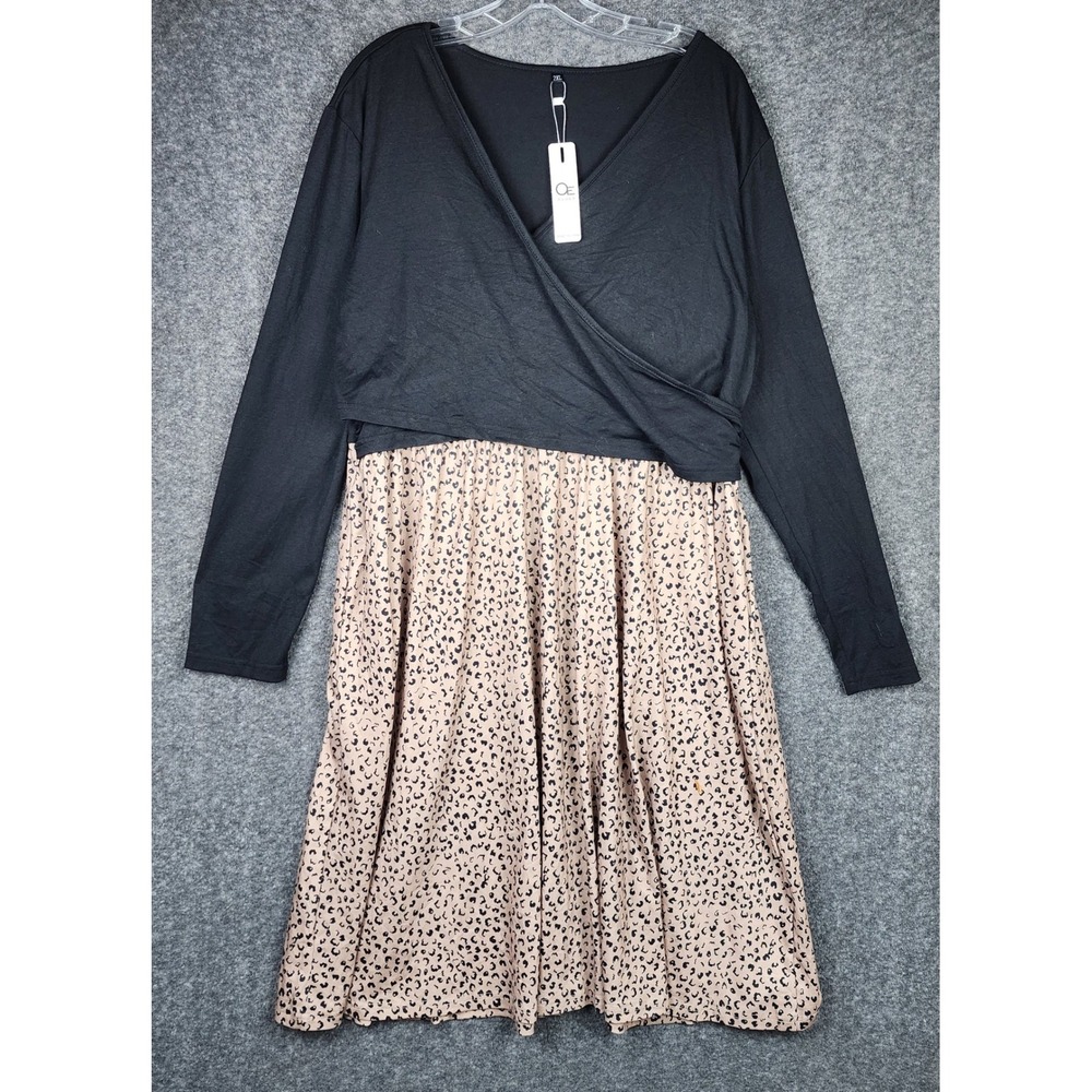 Ouges Faux Wrap Dress Women 2XL Black Tan Leopard Print Long Sleeve V-Neck